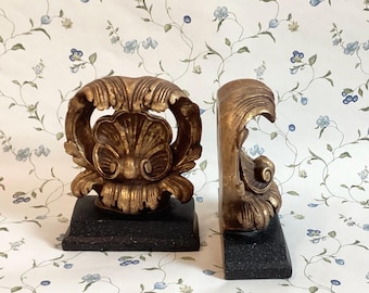 Vintage Gold Tone Decorative Baroque Bookend Pair, Gold Tone Leaf Bookend Pair