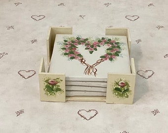 Vintage Floral Heart Ceramic Tile Coaster Set of 4, Cottagecore Country Farmhouse Floral Coaster Tiles