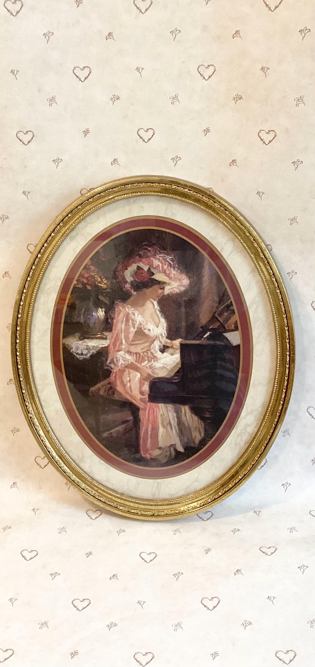 Vintage Oval Picture of Victorian Lady Playing Piano Art, Vintage ...