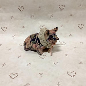 Vintage Porcelain Floral Patchwork Sitting Pig Figurine, Decoupage Floral Pig Home Decor Kozy Kritters