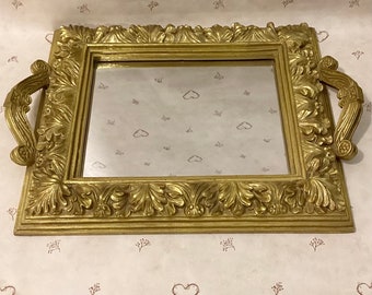Vintage Floral Gold Tone Ornate Vanity Mirror Tray, Victorian Gold Flowers Bathroom or Bedroom Vanity Tray
