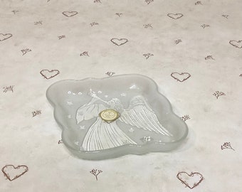 Vintage Crystal Clear Angel Trinket Ring Candy Dish, Christmas Angel Blowing Trumpet Trinket Jewelry Candy Dish