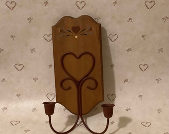 Vintage Country Wall Sconce Candlestick Holder, Wood Metal Floral Heart Candlestick Holder