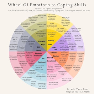 May include: A circular infographic titled "Wheel of Emotions to Coping Skills" with sections for emotions and coping strategies. The wheel includes text such as "Frustration," "Anxiety," and "Joy," with related actions.