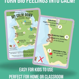 Könnte beinhalten: Zwei digitale Tablets mit einem "My Calm Down Treasure Map"-Design, das eine Karte mit Schritten zur Bewältigung von Gefühlen zeigt. Die Tablets haben einen grünen Hintergrund mit dem Text "Turn Big Feelings Into Calm!" und "Easy for Kids to Use."