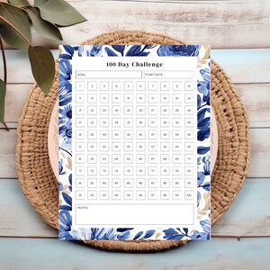 100 Day Challenge Habit Tracker Blue Floral Pattern Checklist PDF Schedule Chart Tracker Instant Digital Download 2025 New Years Goals