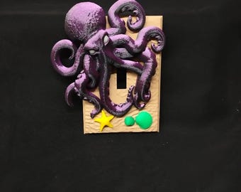 Octopus Light Switch Cover - Beach Decor with Seashells and Starfish - Purple Tentacles Design