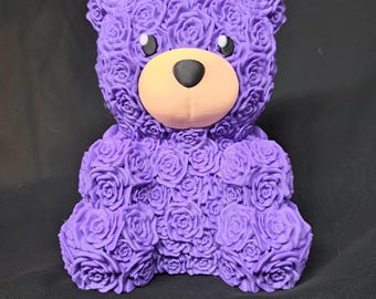 3D Printed Rose Teddy Bear: Purple Floral Sculpture
