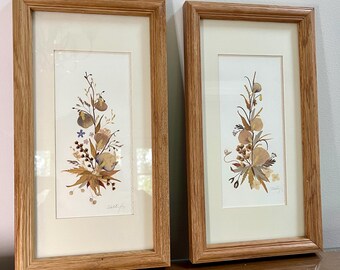 Pair Pressed Dried Flowers Framed Botanical Floral Art Mid-Century Vintage