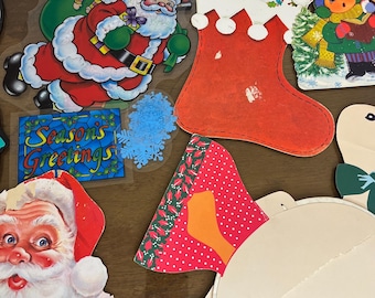 Vintage 1980s Christmas Paper Die Cut Wall Decor Lot - Santa, Elves, Angels, Christmas Trees, Wreaths, Carollers, Poinsettias, etc. Lot 1