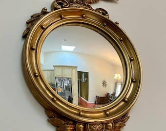 Espejo de pared convexo Syroco Federal vintage de los años 60 - American Eagle - Modelo 4010 - Marco dorado, grande