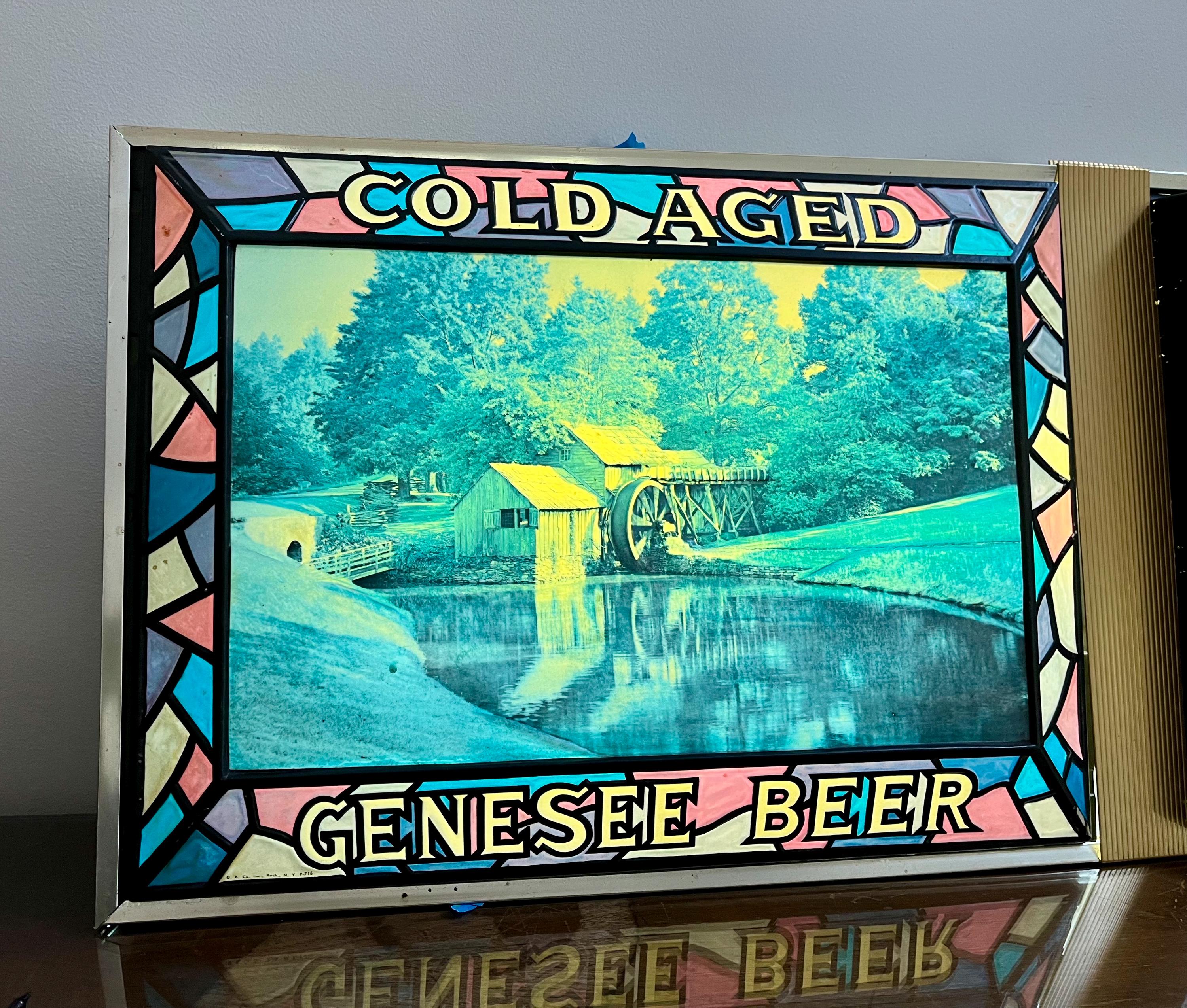 Vintage Genesee Beer Light-up/backlit Shadow Box Bar Sign W/clock