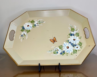 Toleware Tray - Steiger’s - Cream w/Butterfly, White & Blue Flowers, Large Octagonal, 20”x15”, Vintage MCM