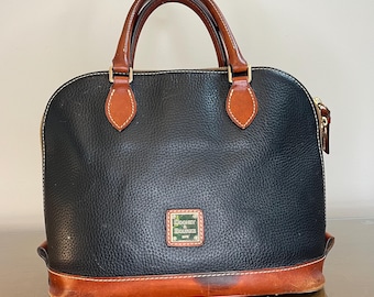 Dooney and Bourke Darcy Satchel, Black & Tan Pebble Grain Leather, 1990’s Vintage Handbag