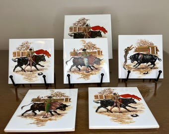 Vintage Set Of 6 Bullfighting - Toreador Ceramic Tiles, 6” & 4”, Made In Spain Vitroceramica España