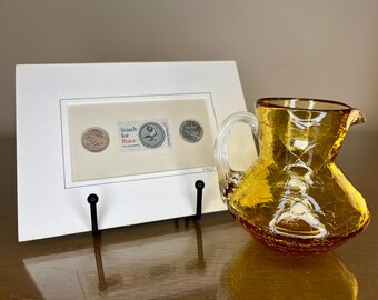 Vintage Pilgrim Hand Blown Amber Crackle Glass Mini Pitcher and 1967 Coin & Stamp Mount, Mini MidMod Display Set