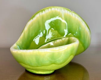 Mid-Century Modern TV Lamp - Planter, Green Drip Glaze, Shell Design Ambient Light, 1950’s Vintage