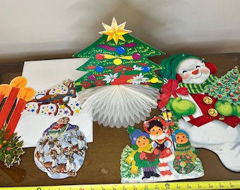Vintage 1980s Christmas Paper Die Cut Wall Decor Lot - Santa, Elves, Angels, Christmas Trees, Wreaths, Carollers, Poinsettias, etc. Lot 2