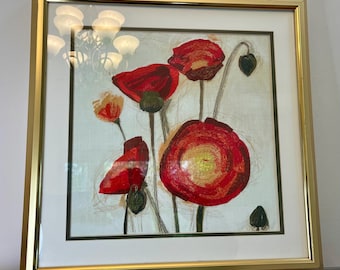 Poppies Thread Painting - Embroidery, Framed Contemporary Art, MCM Vibes