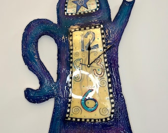 Vintage, Contemporary Folk Art, Handmade Plaster-Resin - Tea Pot Wall Clock- Signed L. Jacque, 1998 - 30”x20”