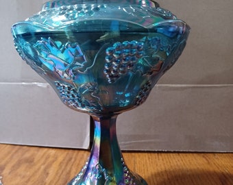 Vintage Blue Carnival Glass Compote