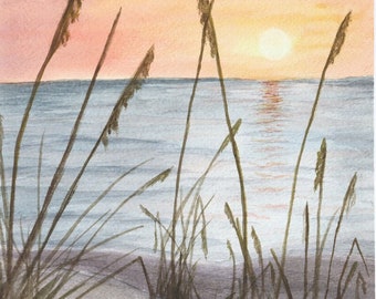 St. Joe Peninsula Sunset is a premium giclee print of the original watercolor painting by Cindy Vaughan.  Coastal landscape, beach decor.