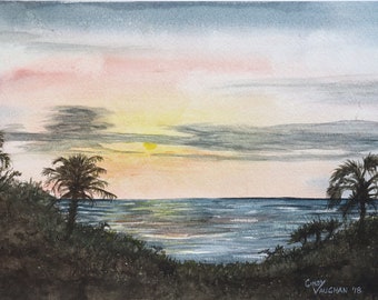 Tropical Sunset original watercolor painting by Cindy Vaughan.  7.4x11 matted for 11x14 frame, not a print, coastal landscape.