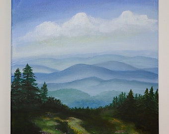 Blue Ridge Mt. View - 12"x12" original acrylic painting by Cindy Vaughan. Cabin, lake house or farmhouse decor. Sold unframed, not a print.