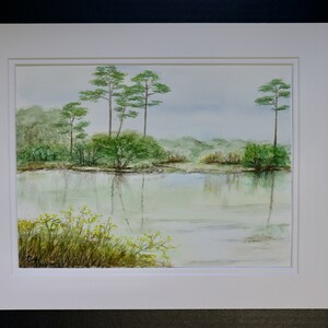 The Lake at Topsail Hill original watercolor painting by Cindy Vaughan. 9x12 matted for 12x16 frame. Not a print. Florida landscape. image 2