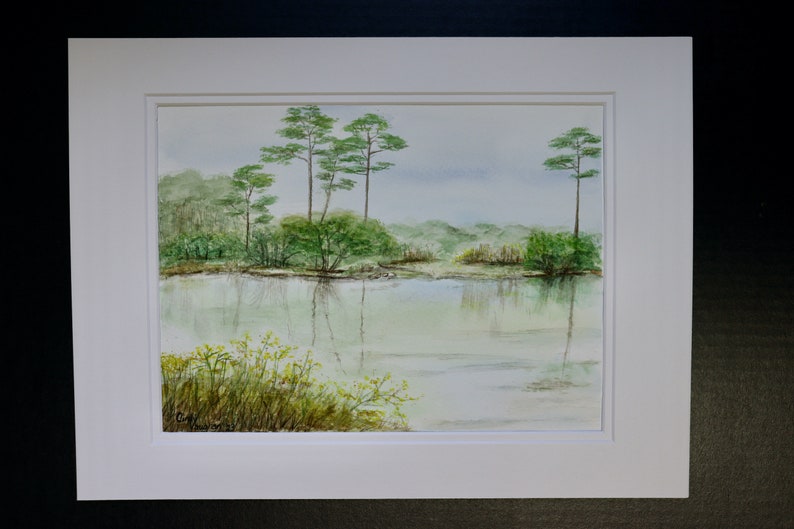 The Lake at Topsail Hill original watercolor painting by Cindy Vaughan. 9x12 matted for 12x16 frame. Not a print. Florida landscape. image 2