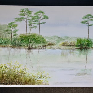 The Lake at Topsail Hill original watercolor painting by Cindy Vaughan. 9x12 matted for 12x16 frame. Not a print. Florida landscape. image 1