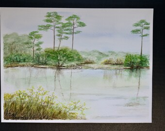 The Lake at Topsail Hill original watercolor painting by Cindy Vaughan.  9x12 matted for 12x16 frame.  Not a print. Florida landscape.