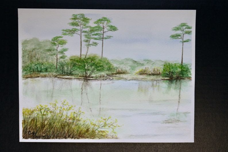 The Lake at Topsail Hill original watercolor painting by Cindy Vaughan. 9x12 matted for 12x16 frame. Not a print. Florida landscape. image 1