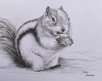 The Chipmunk - an original 5x7 charcoal drawing by Cindy Vaughan.   Cabin, farmhouse decor. Not a print.
