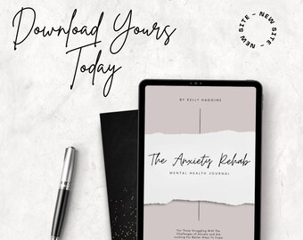 May include: A digital tablet displaying a pink and white journal cover with the text "The Anxiety Rehab Mental Health Journal" and the author's name "By Kelly Maggins". The journal is for those struggling with anxiety and looking for better ways to cope.