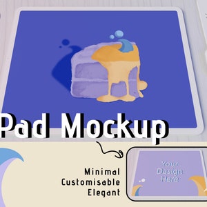 May include: iPad mockup with a purple background and a cartoon image of a slice of cake with yellow icing and a blue wave on top. The text "iPad Mockup" is below the image. The text "Minimal Customizable Elegant" is below the mockup. The text "Your Design Here" is on the iPad screen.