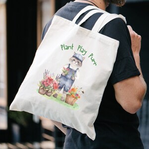 Torba płócienna Plant Play Purr Uroczy prezent dla ogrodnika dla ogrodnika Rolnika Ogrodnictwo botaniczne Humor Zabawna inspiracja Miłośnik kotów Wielokrotnego użytku