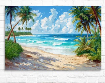 Tropical Beach Oil Painting Style Canvas Print, Seascape Beachscape Artwork, Island Coastal Shore Scenic Landscape, Paradise Wall Canvas