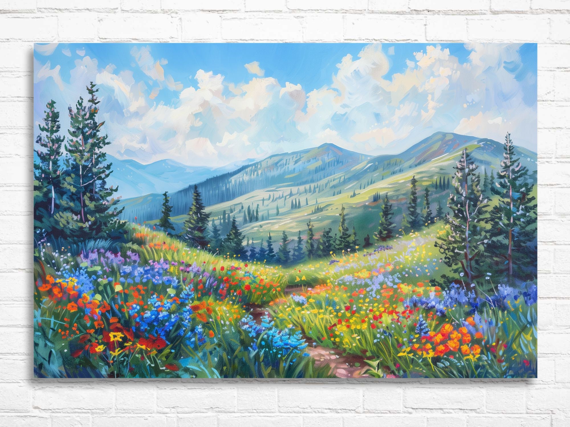 Wildflower Mountain Oil Painting Canvas Print, Colorful Meadow Wall Art ...