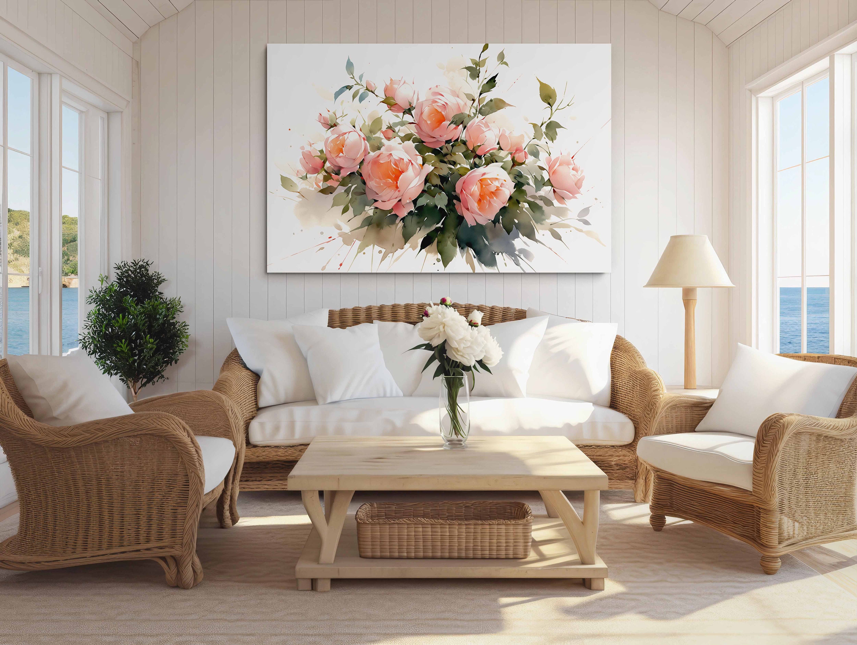 Watercolor Flower Canvas Print, Pink Roses Wall Art, Floral Home Decor ...