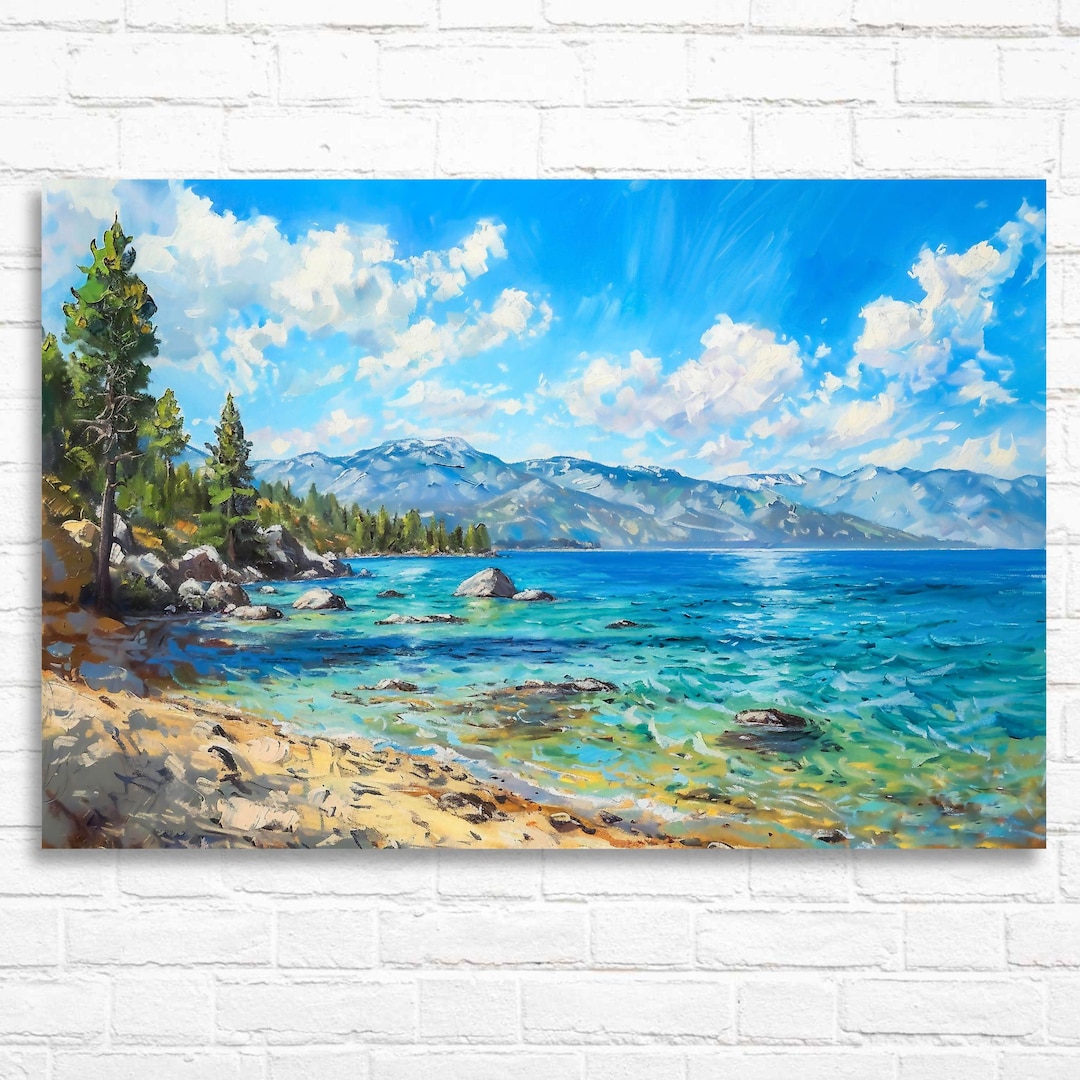 Lake Tahoe Oil Painting Canvas Print, Mountain Landscape Wall Art ...