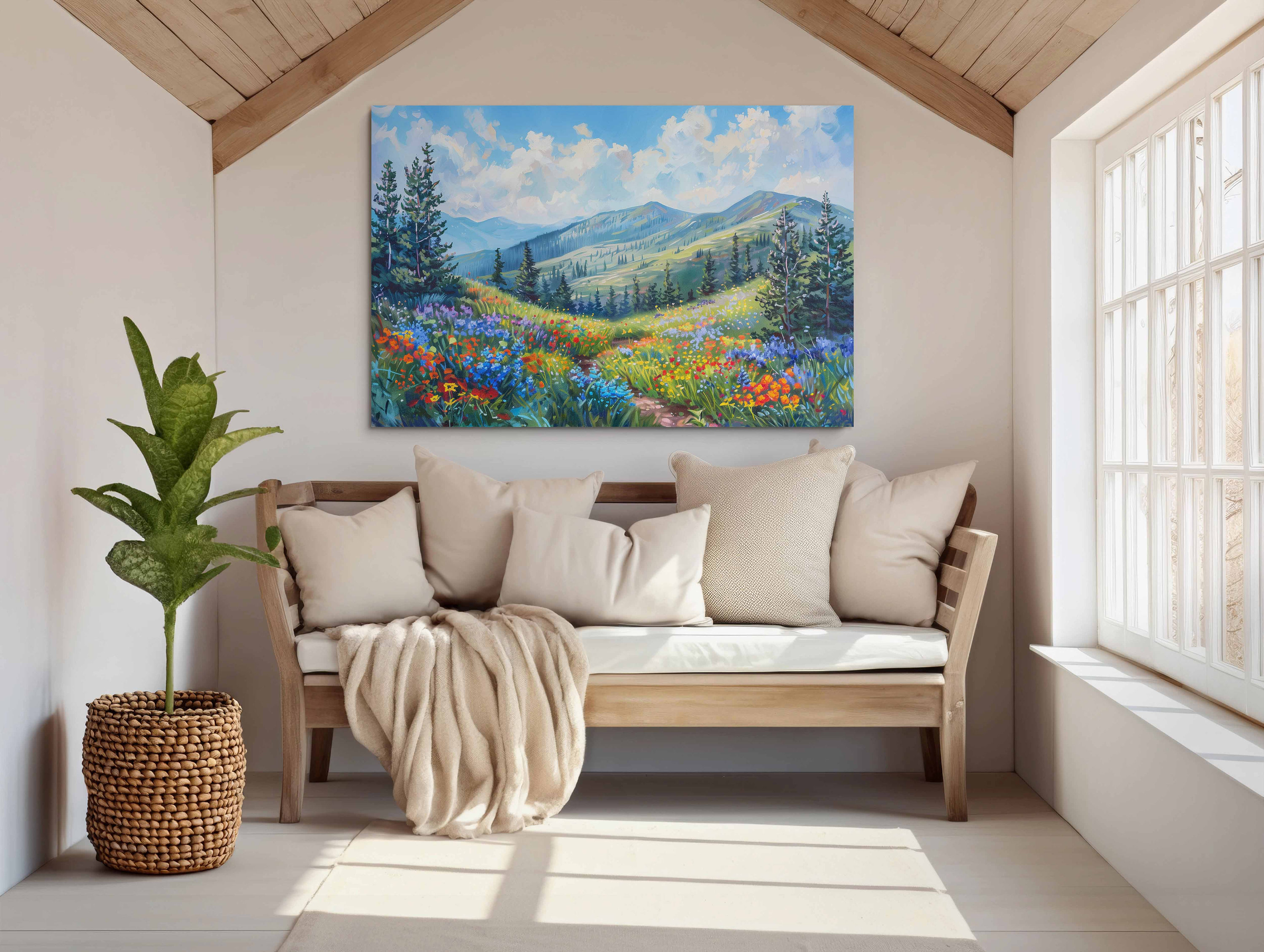 Wildflower Mountain Oil Painting Canvas Print, Colorful Meadow Wall Art ...