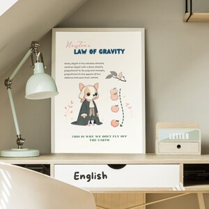 Op de afbeelding: Een kleurrijke illustratie van de wet van de zwaartekracht van Newton met een cartoonhond die een rechterlijke toga en pruik draagt. De tekst luidt "De wet van de zwaartekracht van Newton" en "Elk voorwerp in het universum trekt elk ander voorwerp aan met een kracht die rechtstreeks evenredig is met zijn massa en omgekeerd evenredig met het kwadraat van de afstand tussen hun middelpunten." De tekst luidt ook "Dit is waarom we niet van de aarde vliegen".