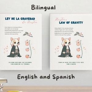 Op de afbeelding: Een tweetalige educatieve poster met een cartoonhond die verkleed is als Isaac Newton en de wet van de zwaartekracht in zowel Engels als Spaans uitlegt. De poster bevat illustraties van appels die van een boom vallen.