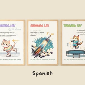 Op de afbeelding: Drie geïllustreerde posters met een kattenpersonage dat de wetten van Newton over beweging in het Spaans uitlegt. De eerste poster toont een kat op schaatsen, de tweede toont een kat in een raket en de derde toont een kat op een trampoline.