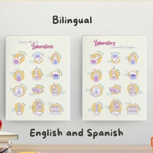 Puede incluir: Dos pósters ilustrados con fondo blanco y contornos coloridos de equipos de laboratorio. El póster de la izquierda se titula "Equipo y material de Laboratorio" y el póster de la derecha se titula "Laboratory Equipment and Supplies". Ambos pósters tienen las mismas imágenes de equipos de laboratorio, pero el texto está en español e inglés.
