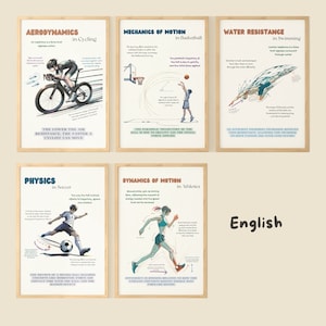 May include: Six framed educational posters on physics and sports. Topics include aerodynamics in cycling, mechanics of motion in basketball, water resistance in swimming, physics in soccer, and dynamics of motion in athletics. The word "English" is written on the bottom right.