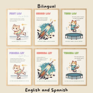 Bilingual Poster Set for Children - Newton's Laws in Spanish and English - Fun and Bicultural Learning, Bilingual Learning