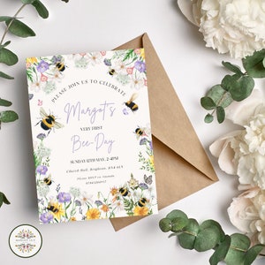 Bee Day Birthday Invitation template, Bee 1st Birthday Invite, 1st Bee Day Invitation, Wildflower Bee Birthday, 1st Birthday Girl