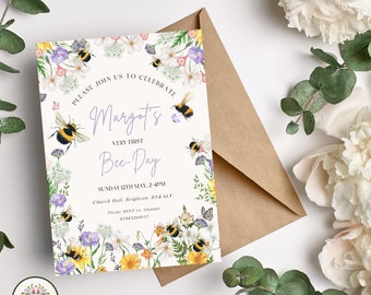 Bee Day Birthday Invitation template, Bee 1st Birthday Invite, 1st Bee Day Invitation, Wildflower Bee Birthday, 1st Birthday Girl